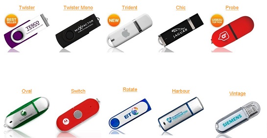 Collection of USB Memory Sticks, including the Twister, Twister Mono, Trident, Chic, Probe, Oval, Switch, Rotate, Habour, and Vintage.