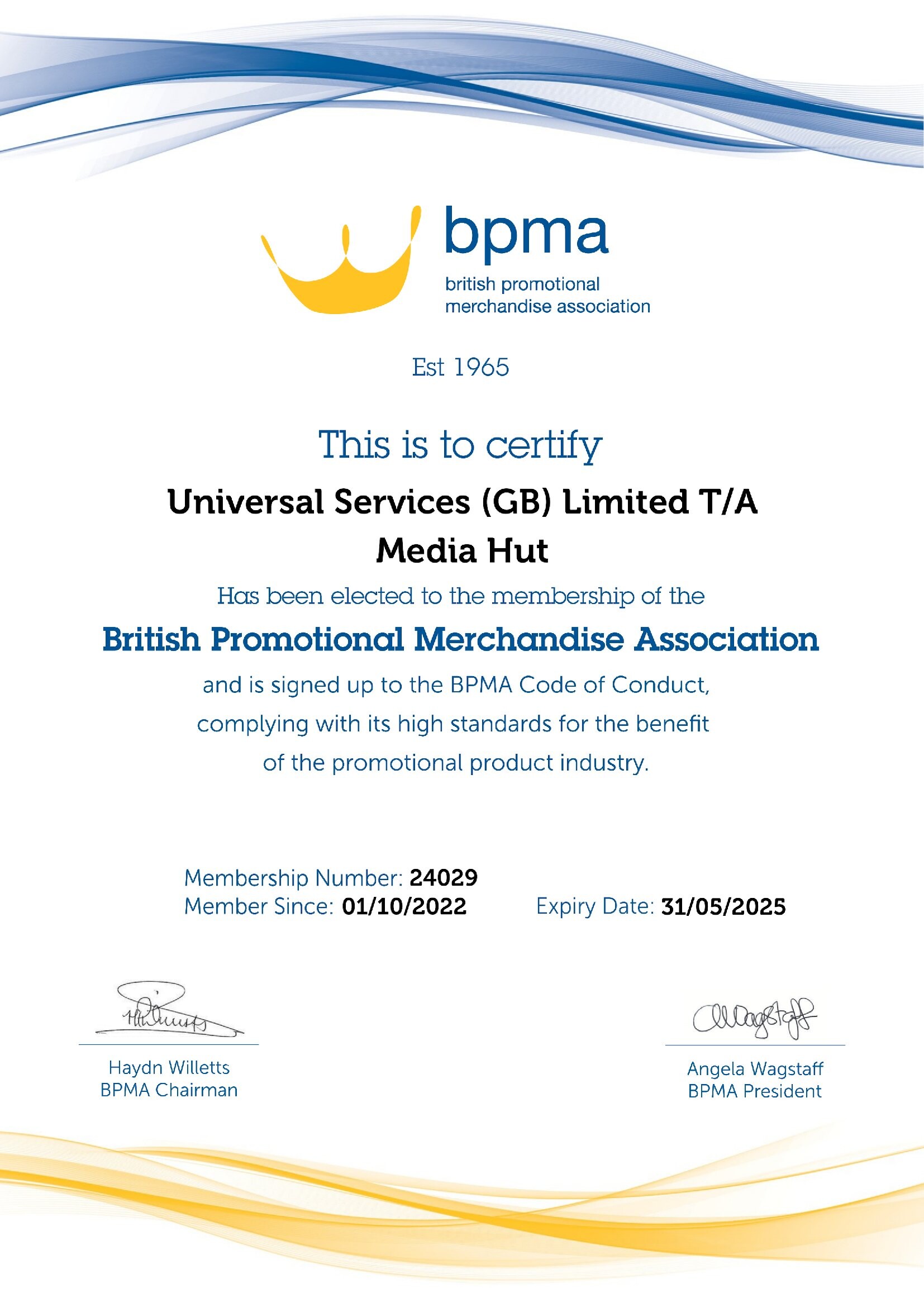 British Promotional Merchandise membership certificate