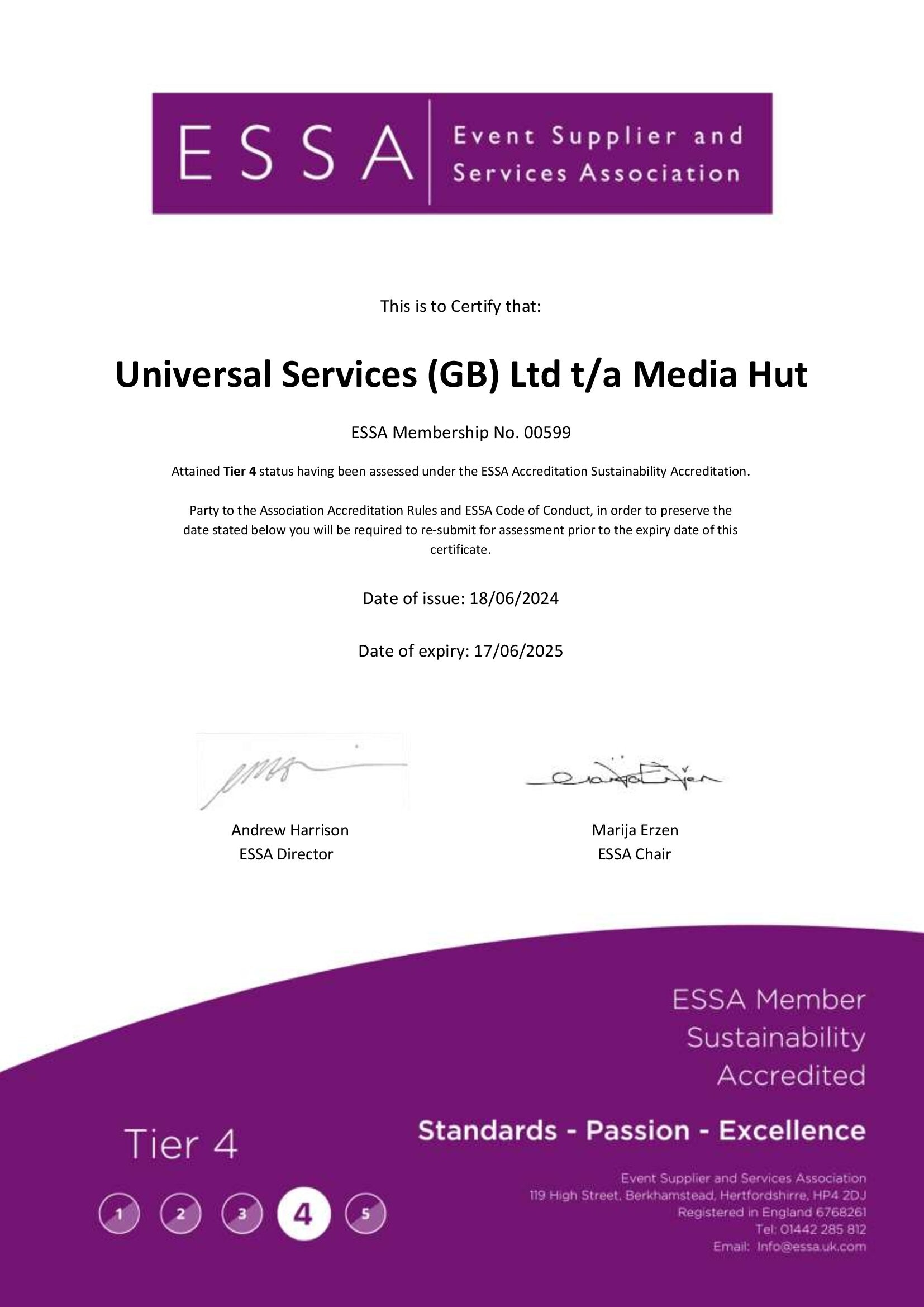 ESSA Tier 4 Sustainability Accreditation certificate