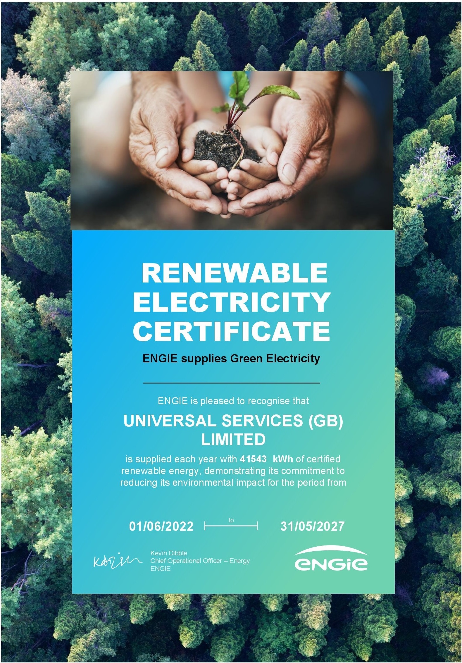 Certificate from Engie recognising our use of renewable energy