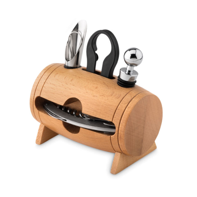 4 Piece wine set in wood stand